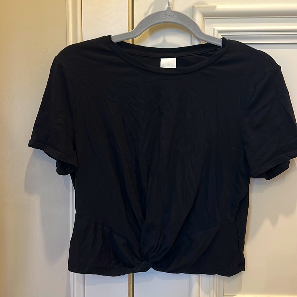 H&M Women’s Knotted Short Sleeve Black T-Shirt Top Medium